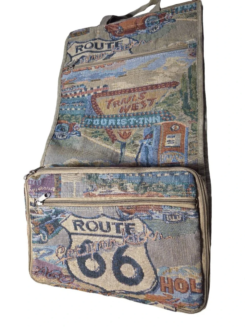 Travel-Inspired Route 66 Tapestry Rolling Organizer Bag - Beige Multi